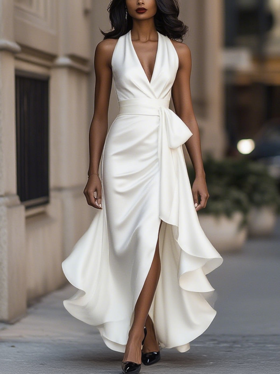 Femme Robe de Soirée Longue sans Manches col V Halter avec Volants Asymétriques et Ceinture Nœud