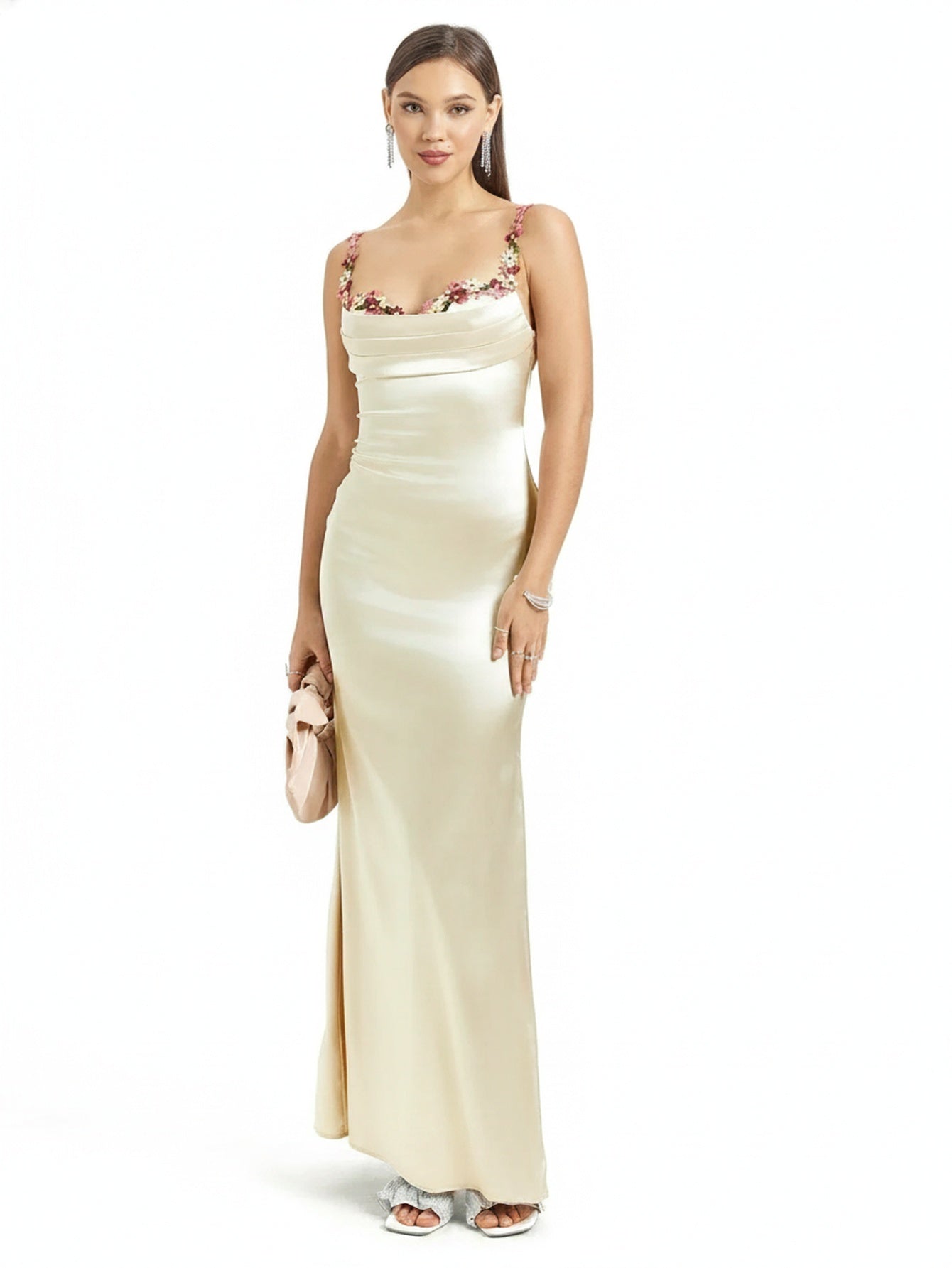 Femme Robe de Soirée Longue Slim Fit sans Manches avec Encolure Bénitier et Ornements Floraux