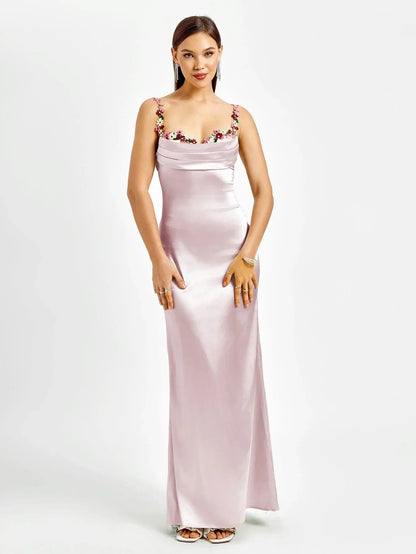 Femme Robe de Soirée Longue Slim Fit sans Manches avec Encolure Bénitier et Ornements Floraux