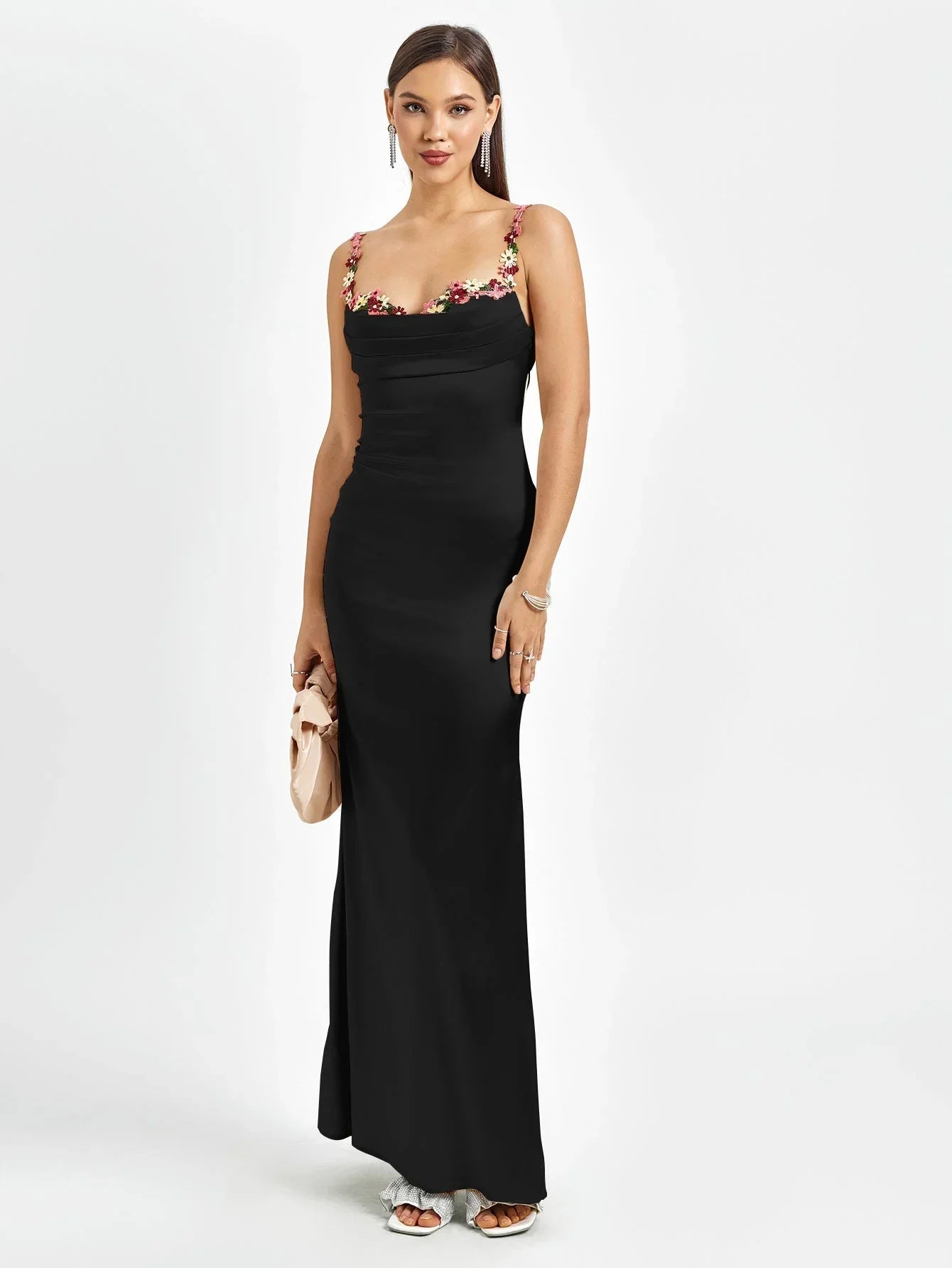 Femme Robe de Soirée Longue Slim Fit sans Manches avec Encolure Bénitier et Ornements Floraux