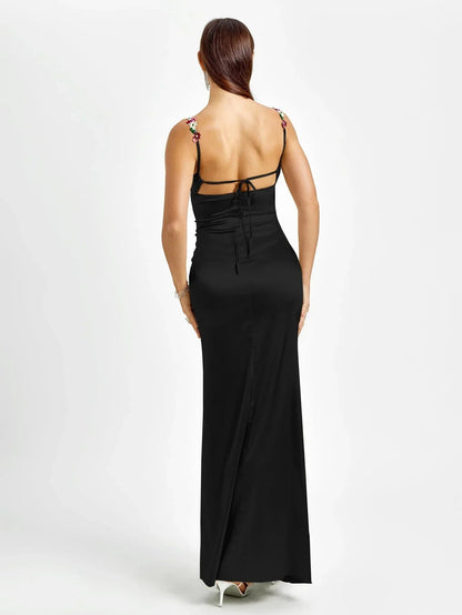 Femme Robe de Soirée Longue Slim Fit sans Manches avec Encolure Bénitier et Ornements Floraux