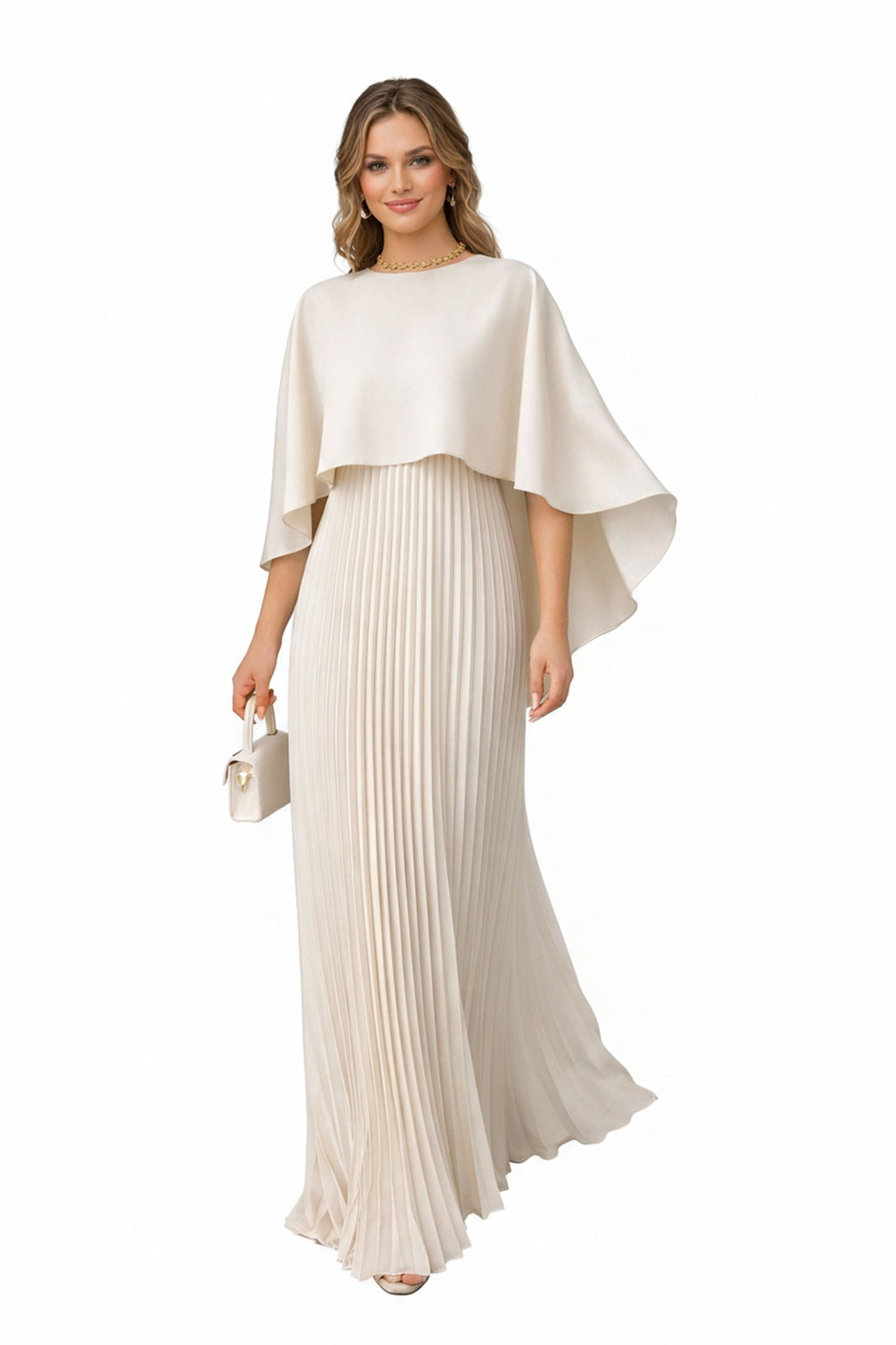 Femme Robe de Soirée Maxi Plissée avec Cape et Col Rond