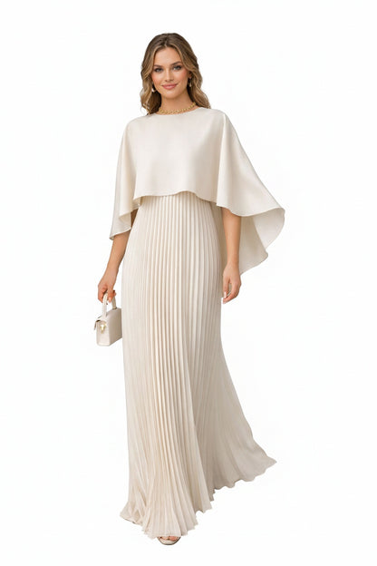 Femme Robe de Soirée Maxi Plissée avec Cape et Col Rond