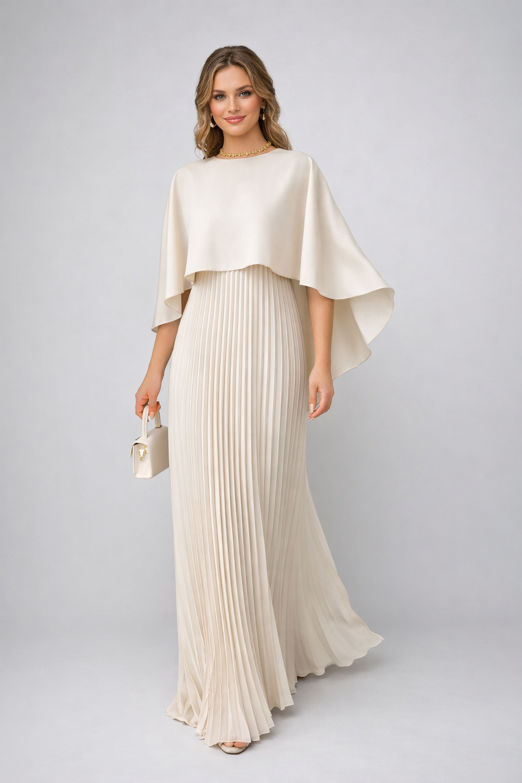 Femme Robe de Soirée Maxi Plissée avec Cape et Col Rond