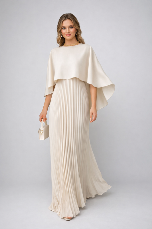 Femme Robe de Soirée Maxi Plissée avec Cape et Col Rond