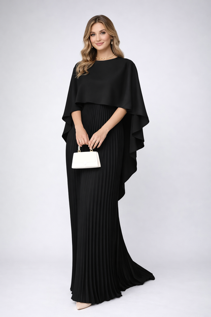 Femme Robe de Soirée Maxi Plissée avec Cape et Col Rond