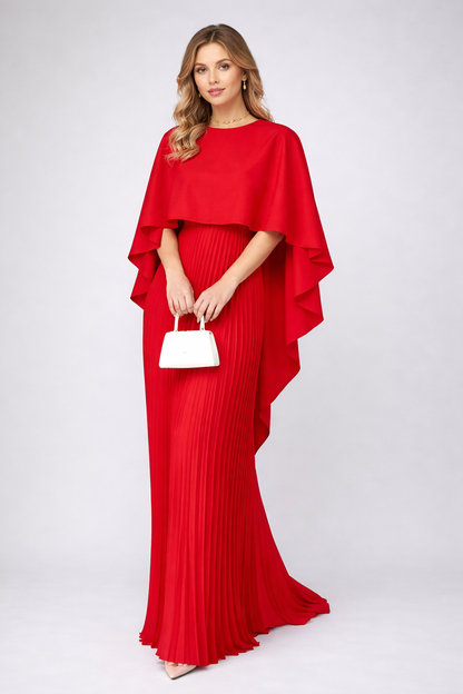 Femme Robe de Soirée Maxi Plissée avec Cape et Col Rond