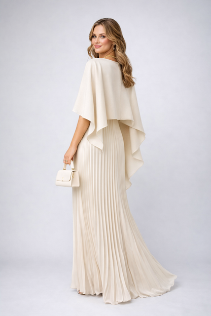 Femme Robe de Soirée Maxi Plissée avec Cape et Col Rond