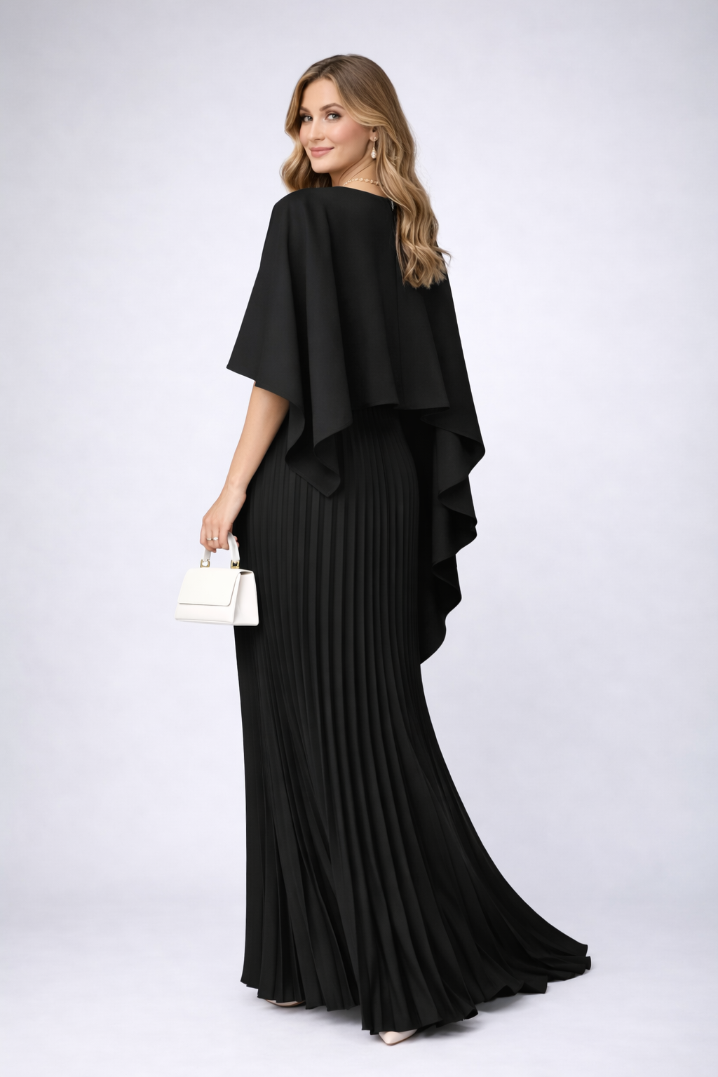 Femme Robe de Soirée Maxi Plissée avec Cape et Col Rond