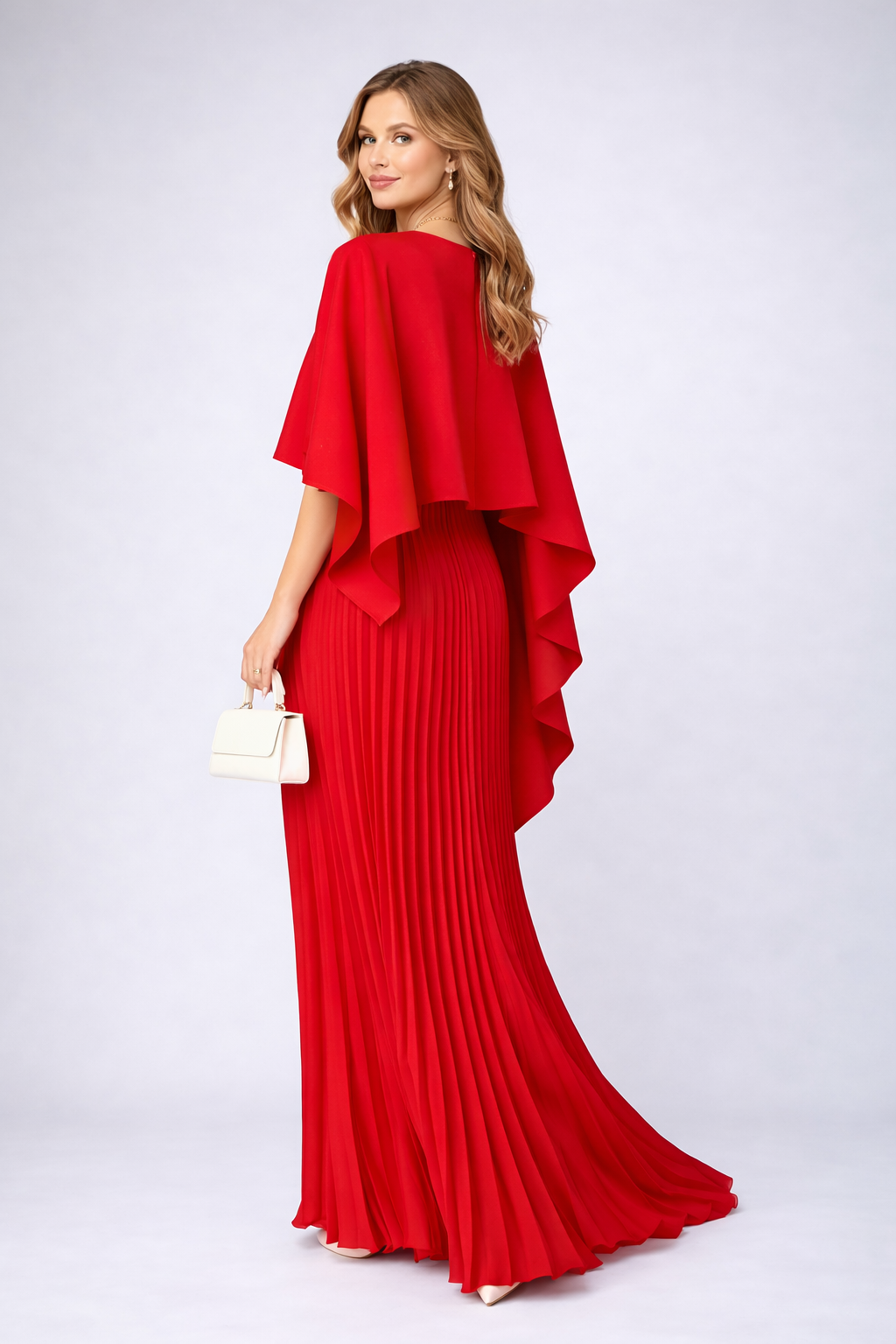 Femme Robe de Soirée Maxi Plissée avec Cape et Col Rond