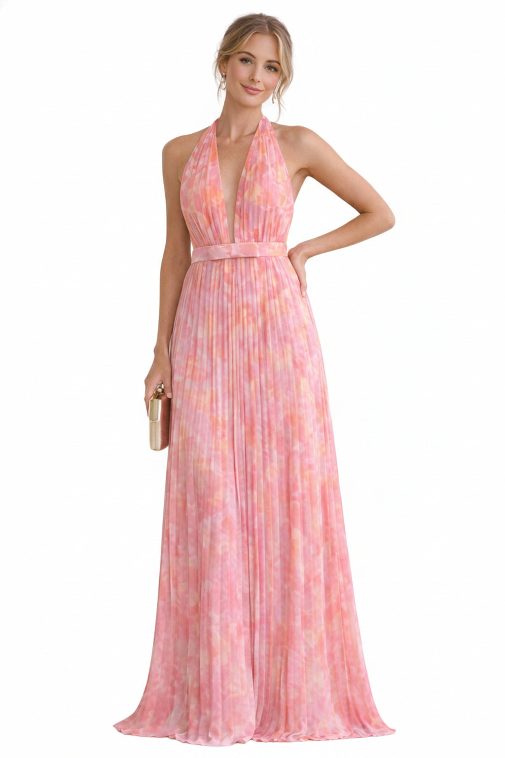 Femme Robe de Soirée Maxi Plissée col V Profond avec Dos Nu et Col Licou