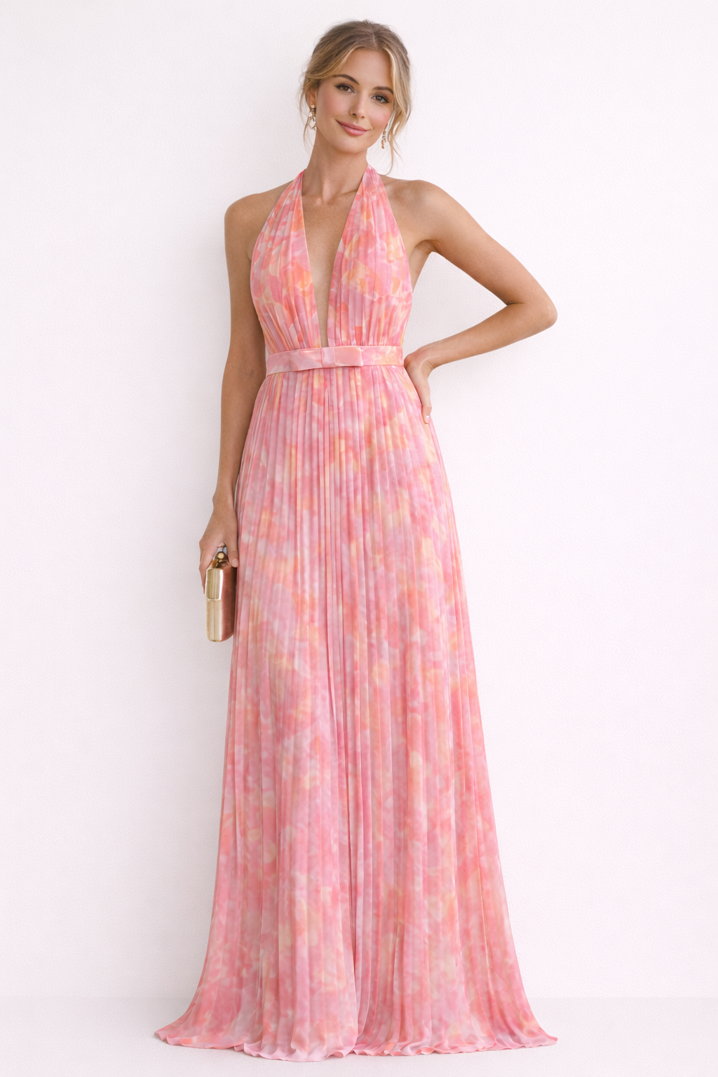 Femme Robe de Soirée Maxi Plissée col V Profond avec Dos Nu et Col Licou
