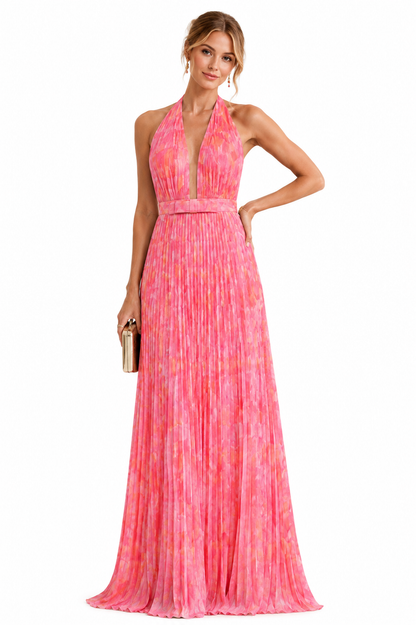 Femme Robe de Soirée Maxi Plissée col V Profond avec Dos Nu et Col Licou