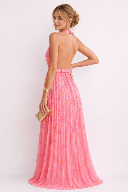 Femme Robe de Soirée Maxi Plissée col V Profond avec Dos Nu et Col Licou
