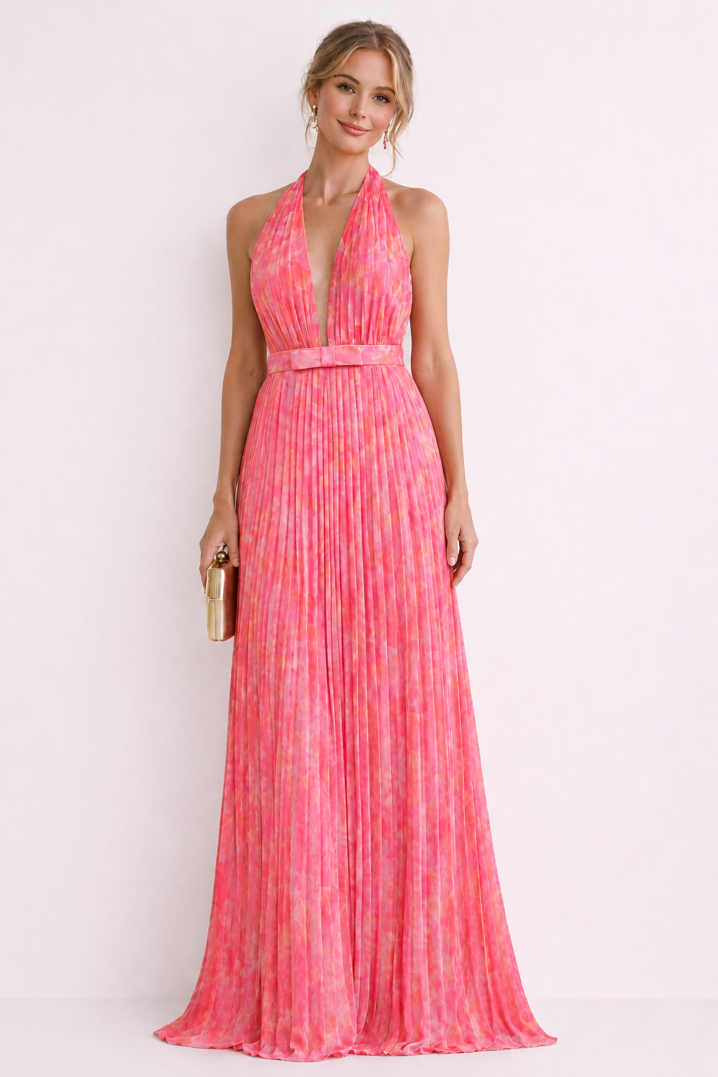 Femme Robe de Soirée Maxi Plissée col V Profond avec Dos Nu et Col Licou