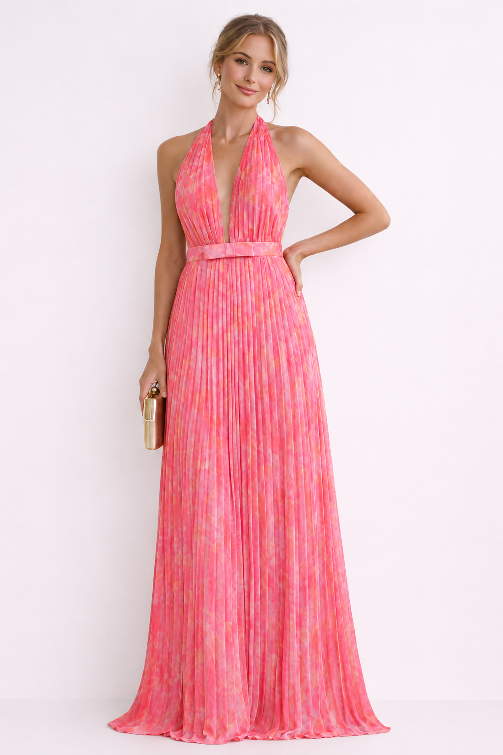 Femme Robe de Soirée Maxi Plissée col V Profond avec Dos Nu et Col Licou