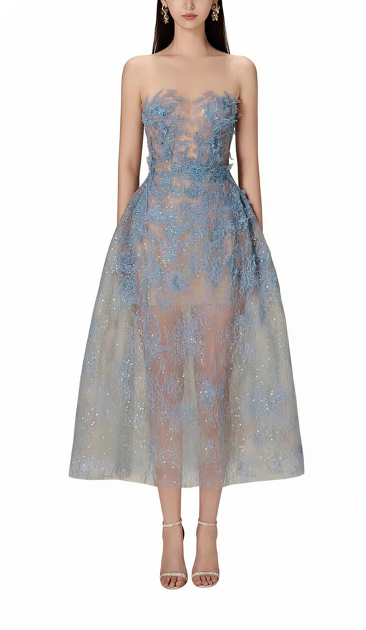 Femme Robe de Soirée Midi Sans Bretelles à Appliques Florales et Paillettes