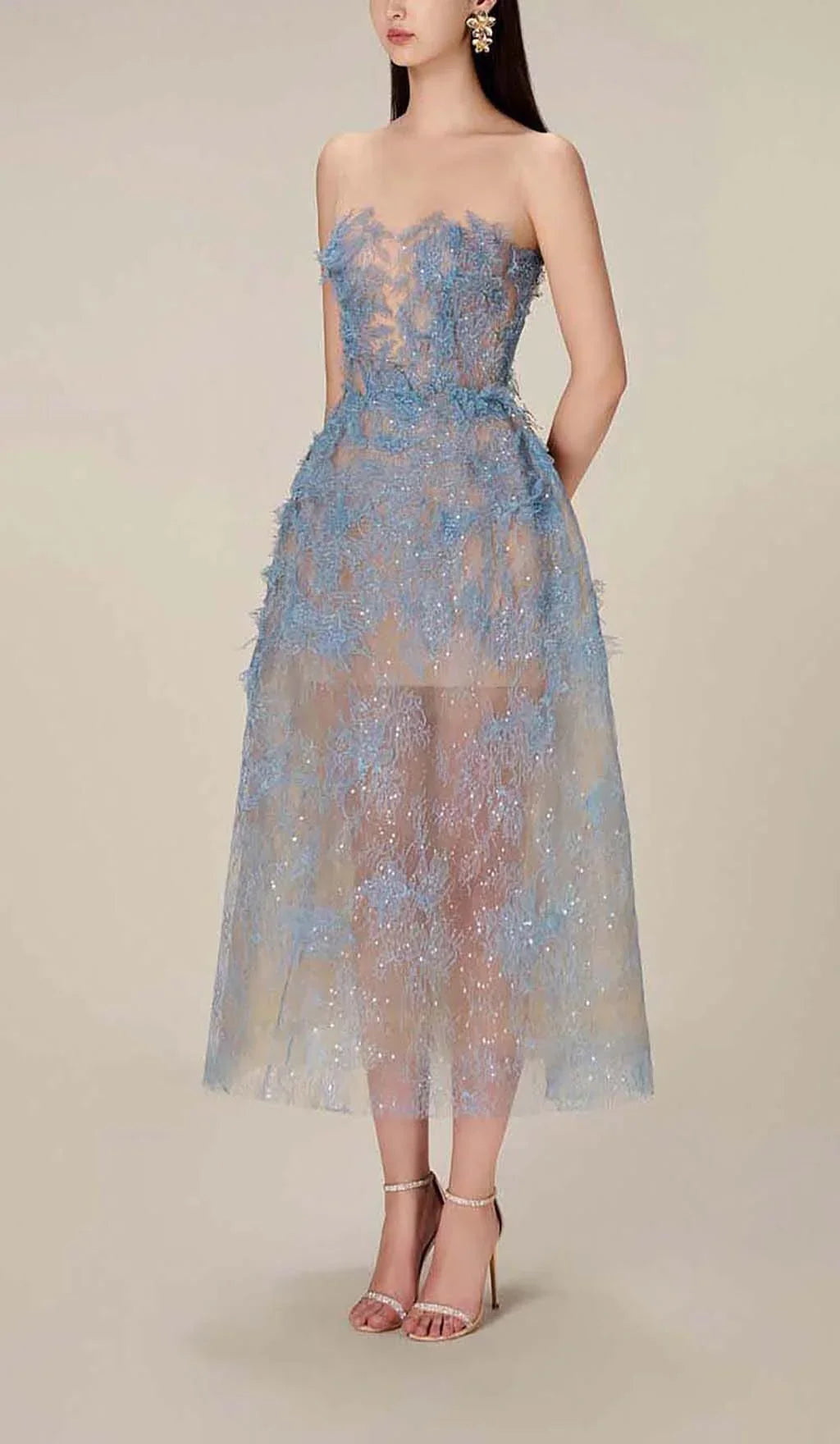 Femme Robe de Soirée Midi Sans Bretelles à Appliques Florales et Paillettes