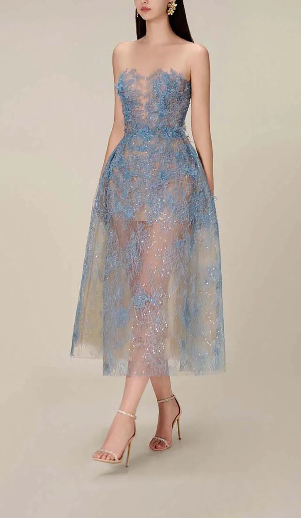 Femme Robe de Soirée Midi Sans Bretelles à Appliques Florales et Paillettes