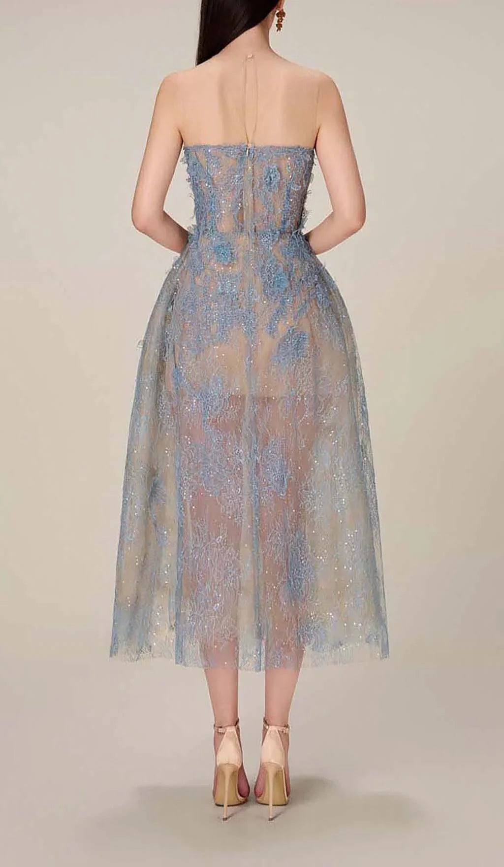 Femme Robe de Soirée Midi Sans Bretelles à Appliques Florales et Paillettes