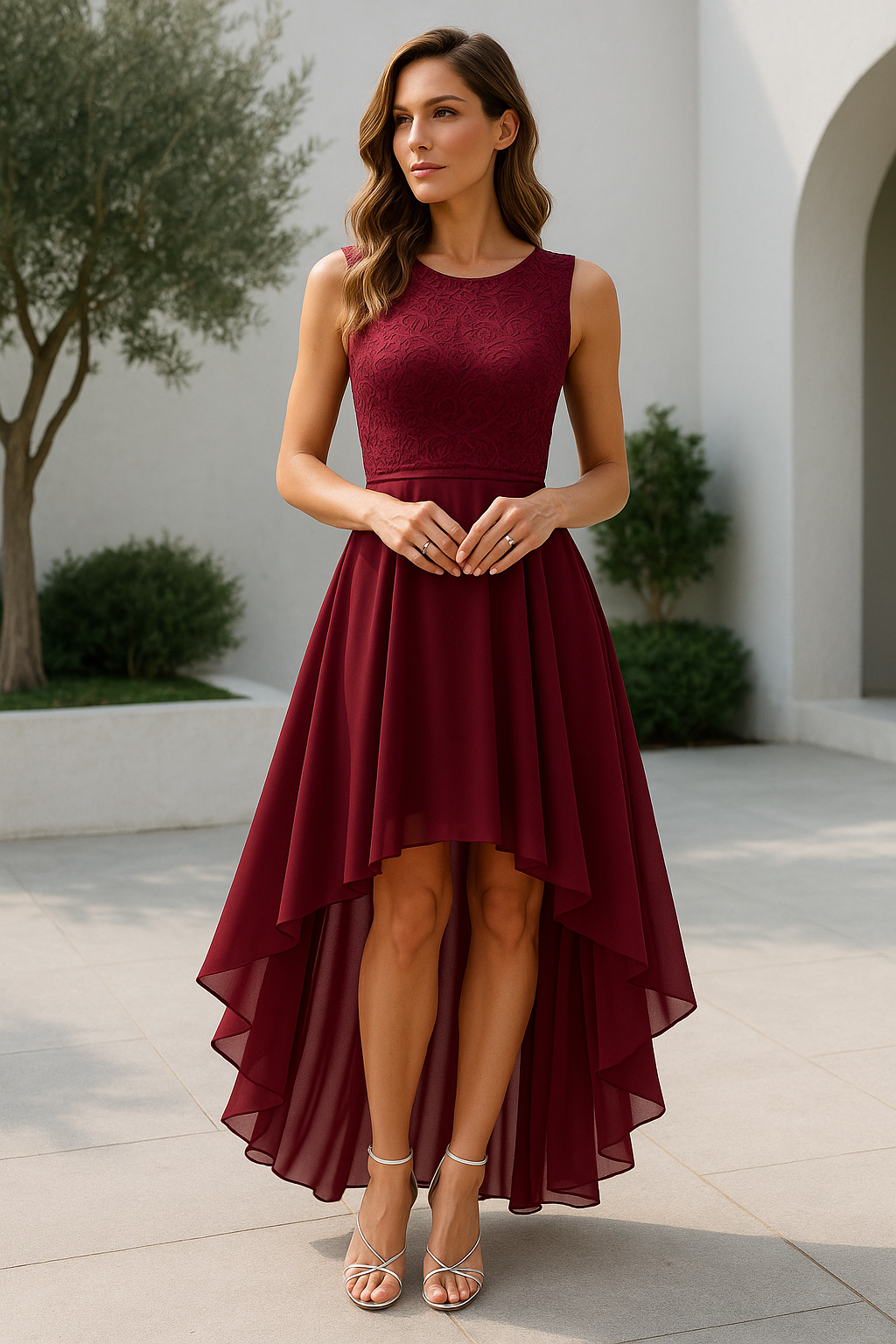 Femme Robe de Soirée Sans Manches avec Col Rond et Jupe Asymétrique A-ligne