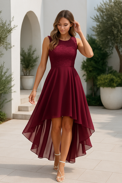 Femme Robe de Soirée Sans Manches avec Col Rond et Jupe Asymétrique A-ligne