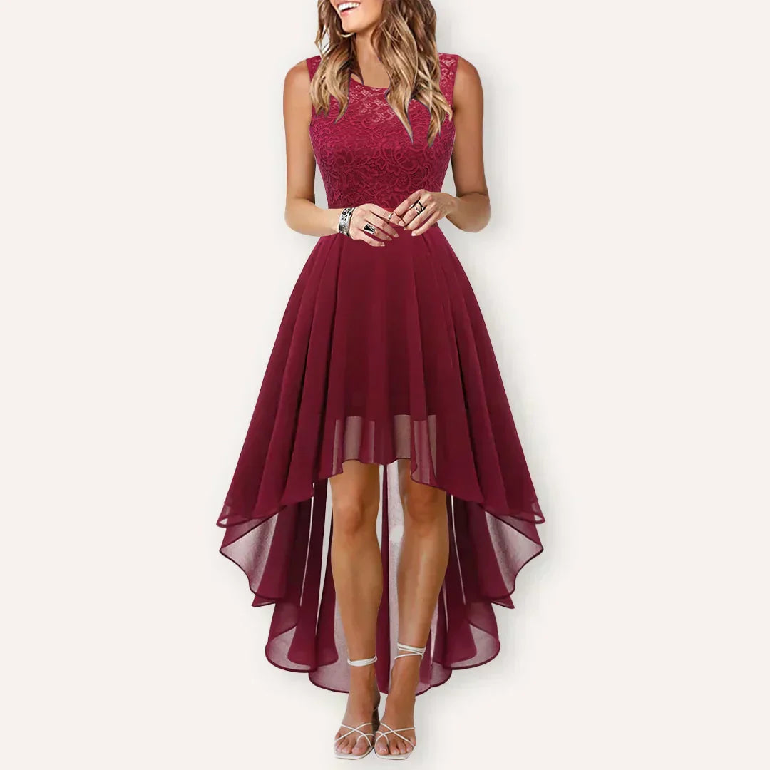 Femme Robe de Soirée Sans Manches avec Col Rond et Jupe Asymétrique A-ligne