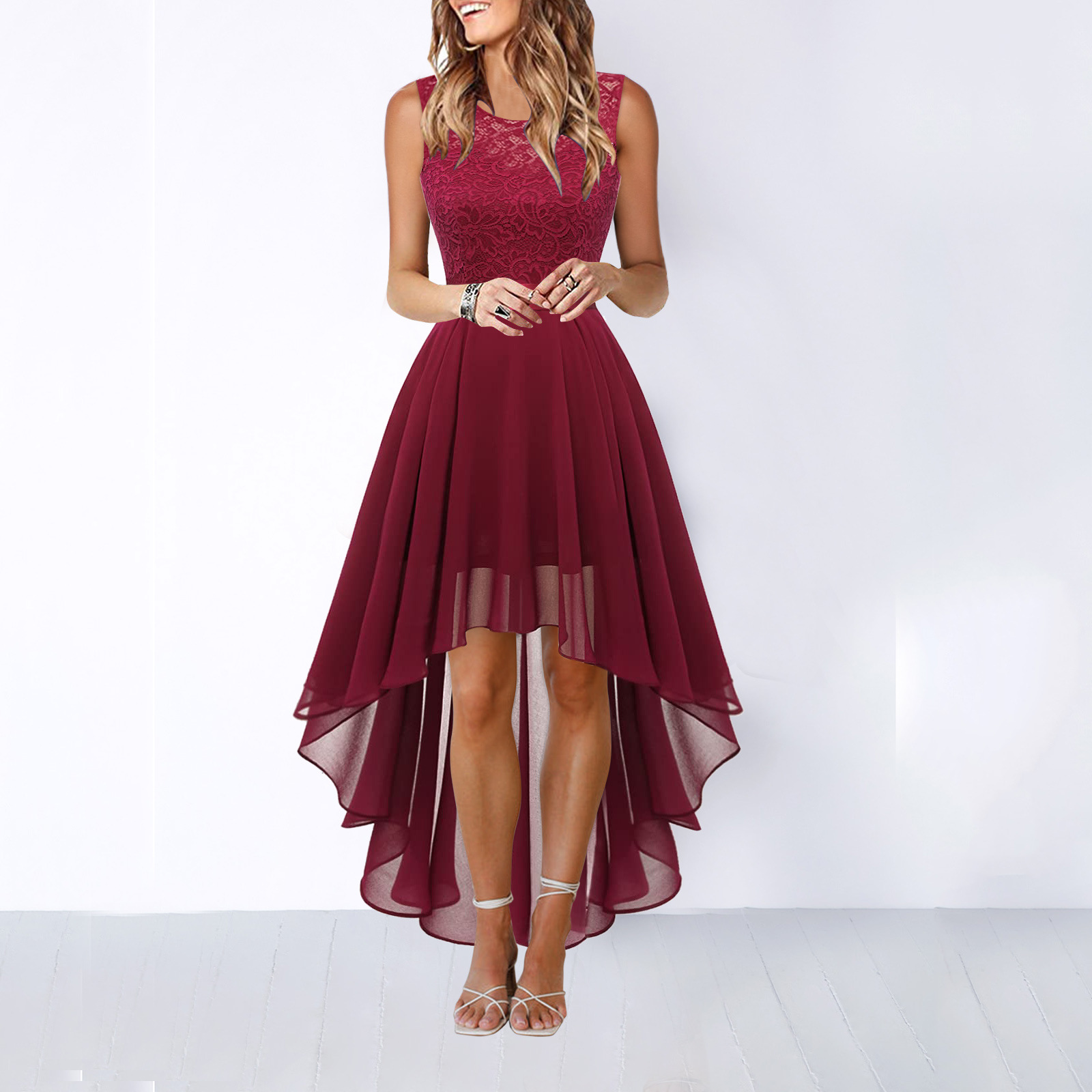 Femme Robe de Soirée Sans Manches avec Col Rond et Jupe Asymétrique A-ligne