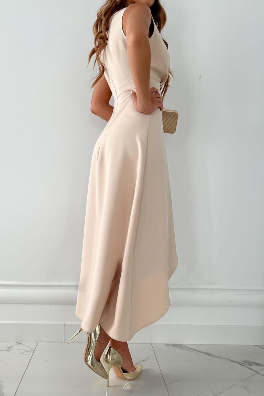 Femme Robe de Soirée Sans Manches avec Décolleté en V et Ourlet Asymétrique