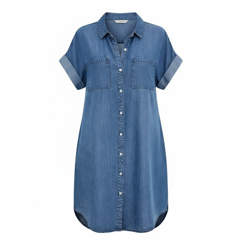 Femme Robe en Jean Courte à Manches Courtes avec Col Chemise et Boutonnière