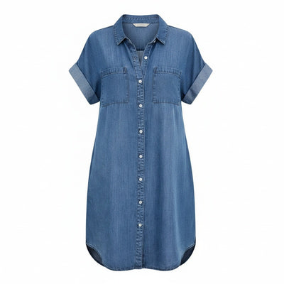 Femme Robe en Jean Courte à Manches Courtes avec Col Chemise et Boutonnière
