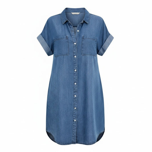 Femme Robe en Jean Courte à Manches Courtes avec Col Chemise et Boutonnière