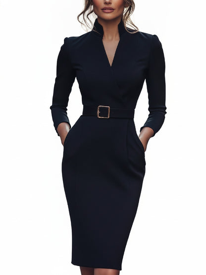 Femme Robe Fourreau Midi Manches Trois-Quarts col V avec Ceinture