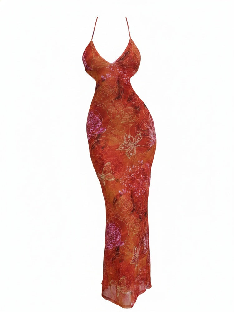 Femme Robe Longue à Col Licou avec Dos Nu et Découpes Florales