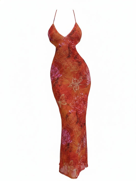 Femme Robe Longue à Col Licou avec Dos Nu et Découpes Florales