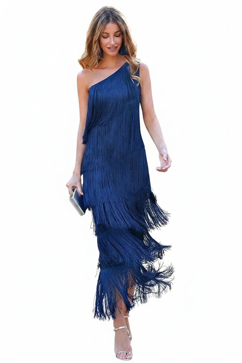 Femme Robe Longue à Franges Étagées et Encolure Asymétrique