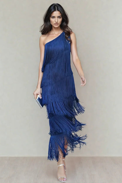 Femme Robe Longue à Franges Étagées et Encolure Asymétrique