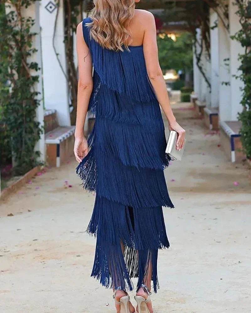 Femme Robe Longue à Franges Étagées et Encolure Asymétrique