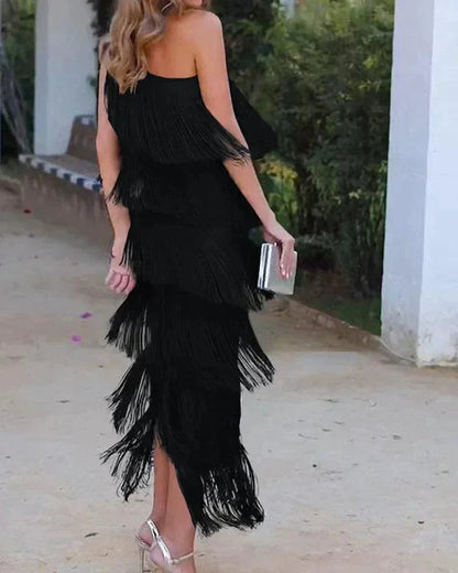 Femme Robe Longue à Franges Étagées et Encolure Asymétrique