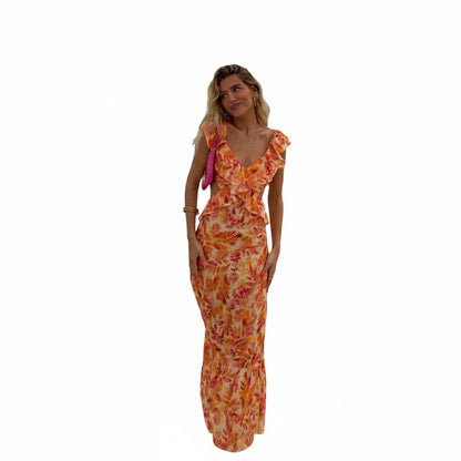 Femme Robe Longue à Imprimé Floral avec Col en V et Volants