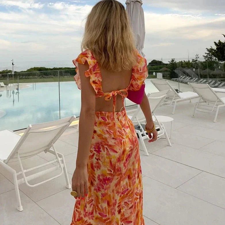 Femme Robe Longue à Imprimé Floral avec Col en V et Volants