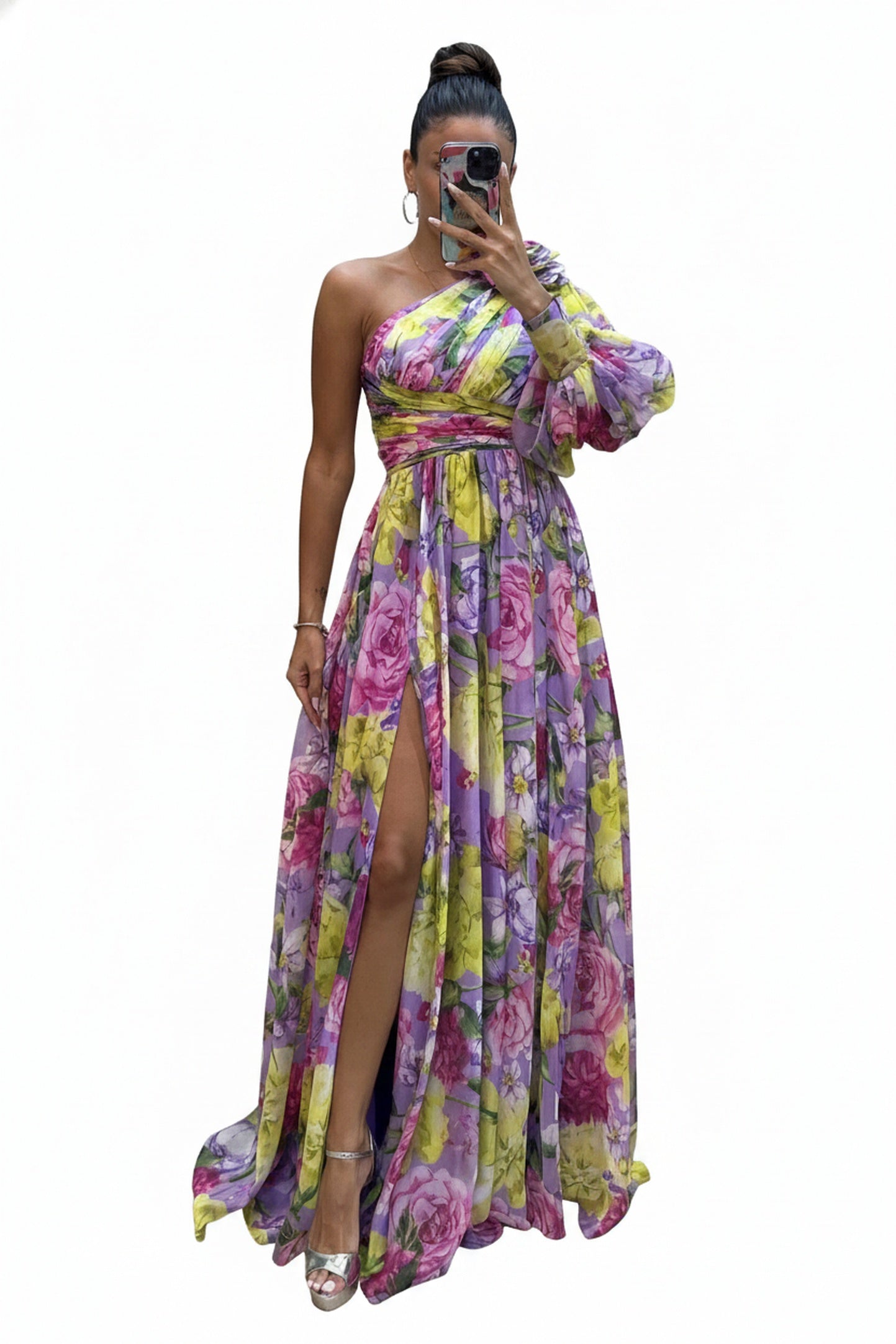 Femme Robe Longue Asymétrique à une Épaule avec Imprimé Floral et Fente