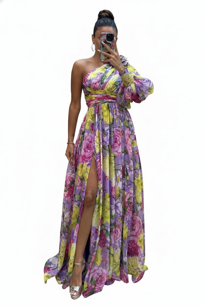 Femme Robe Longue Asymétrique à une Épaule avec Imprimé Floral et Fente