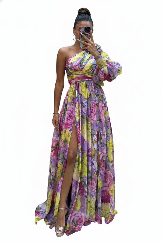 Femme Robe Longue Asymétrique à une Épaule avec Imprimé Floral et Fente