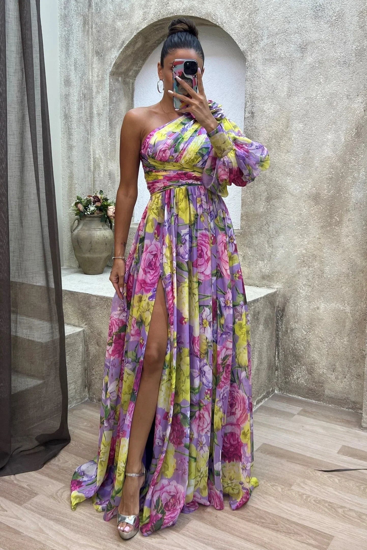 Femme Robe Longue Asymétrique à une Épaule avec Imprimé Floral et Fente