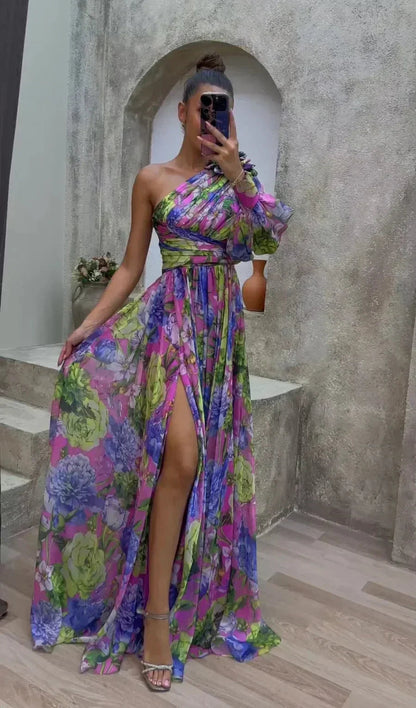 Femme Robe Longue Asymétrique à une Épaule avec Imprimé Floral et Fente