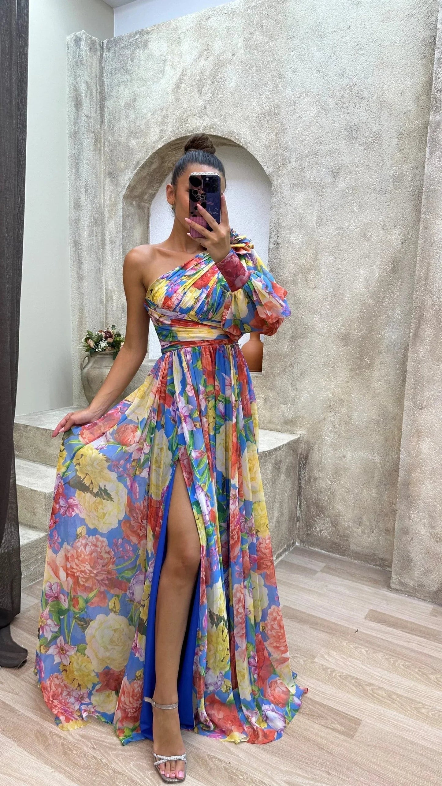 Femme Robe Longue Asymétrique à une Épaule avec Imprimé Floral et Fente