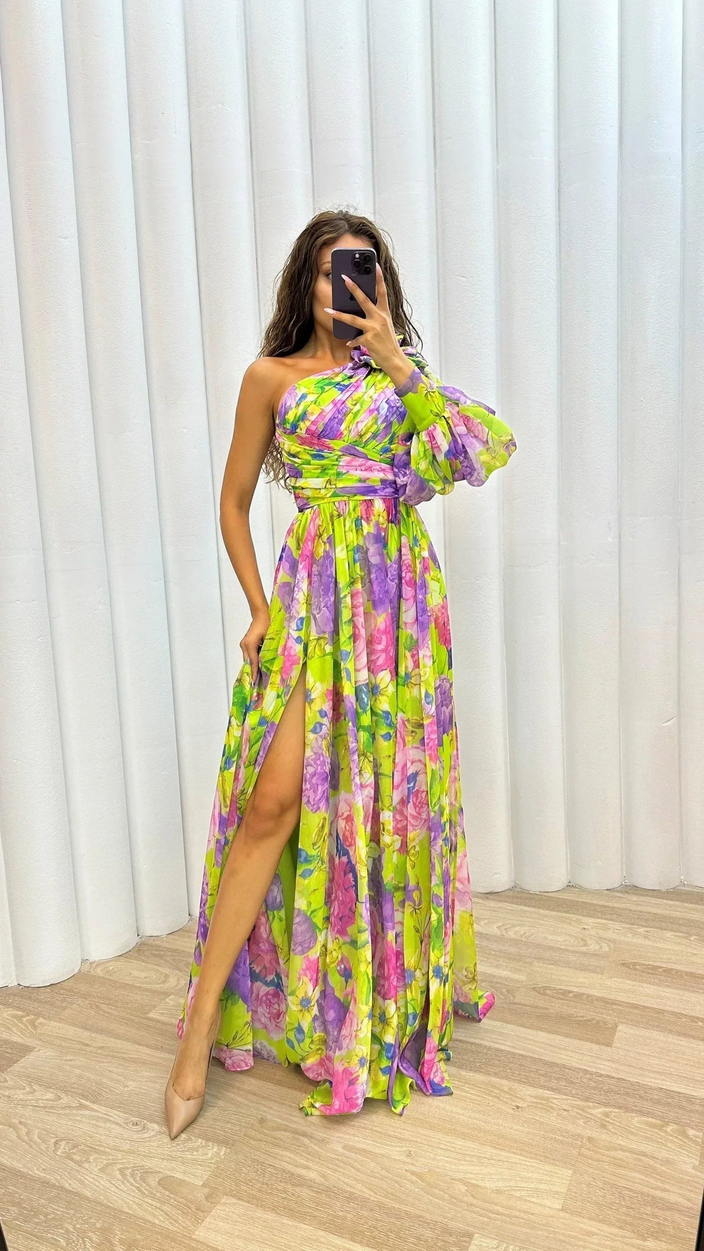 Femme Robe Longue Asymétrique à une Épaule avec Imprimé Floral et Fente