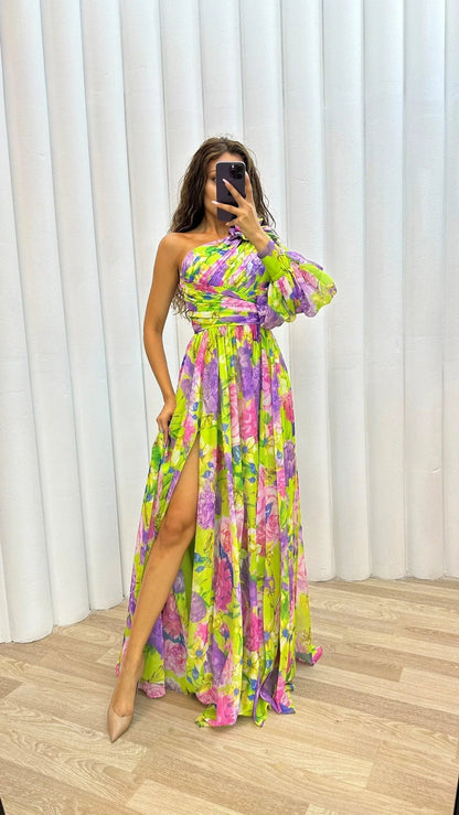 Femme Robe Longue Asymétrique à une Épaule avec Imprimé Floral et Fente