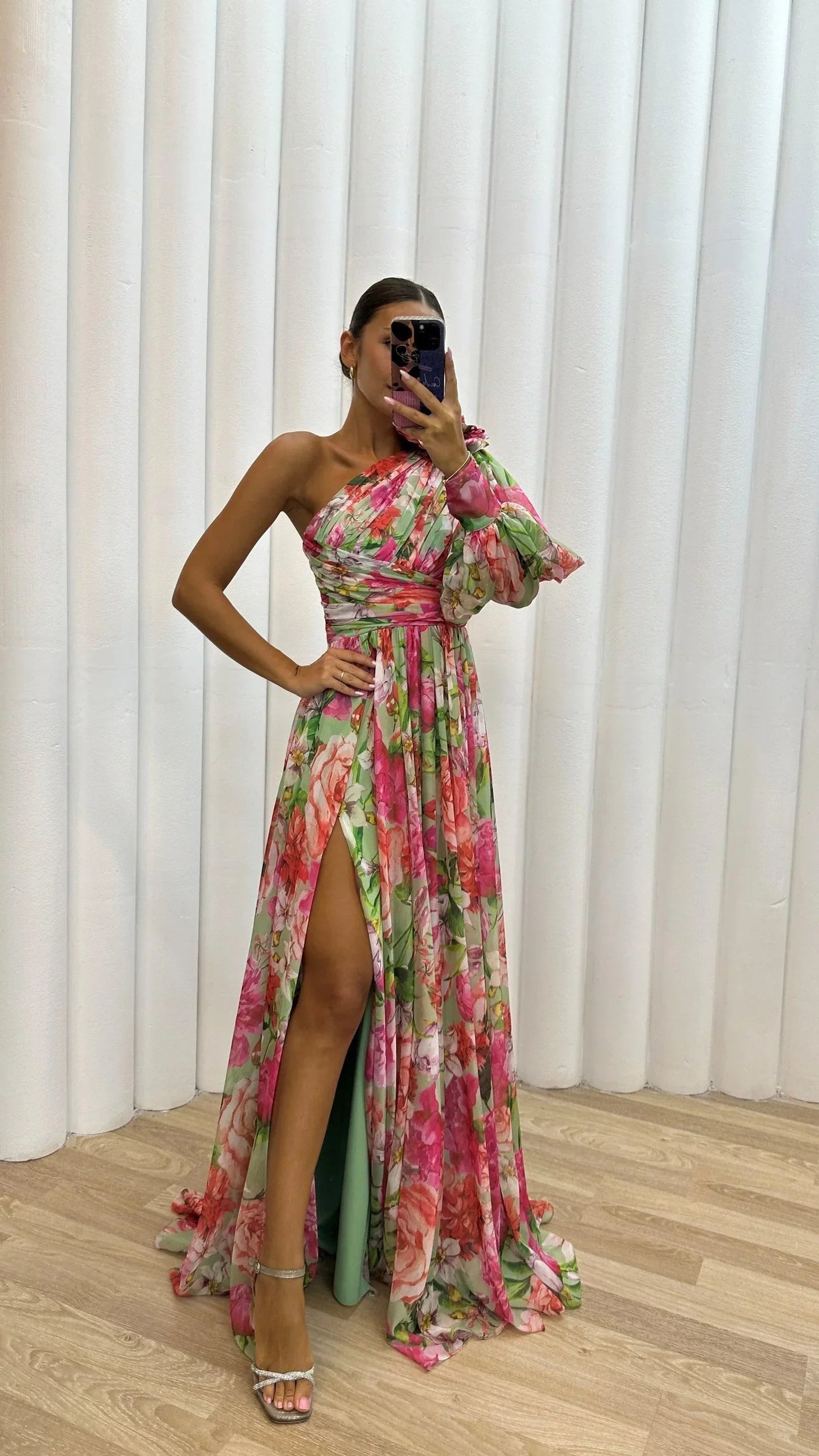 Femme Robe Longue Asymétrique à une Épaule avec Imprimé Floral et Fente